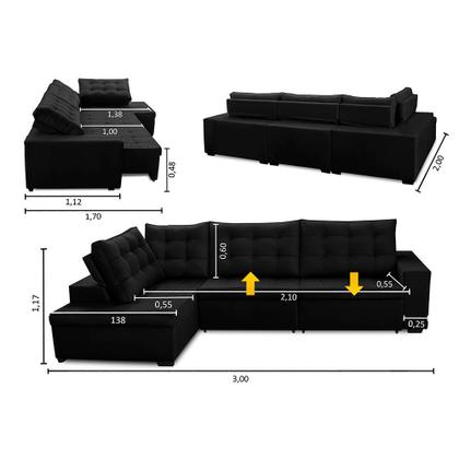 Sofá de Canto Retrátil e Reclinável com Molas 3,00x2,00 LE Jacke Suede Preto Madelina Decor Imagem de Sofá de Canto Retrátil e Reclinável com Molas 3,00x2,00 LE Jacke Suede Preto Madelina Decor