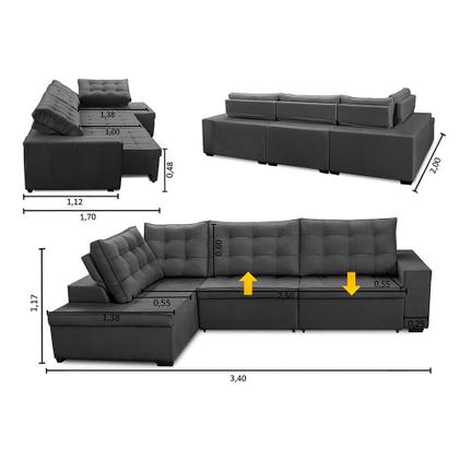 Imagem de Sofá de Canto Retrátil e Reclinável com Molas 3,40x2,00 LE Jacke Suede Cinza Madelina Decor