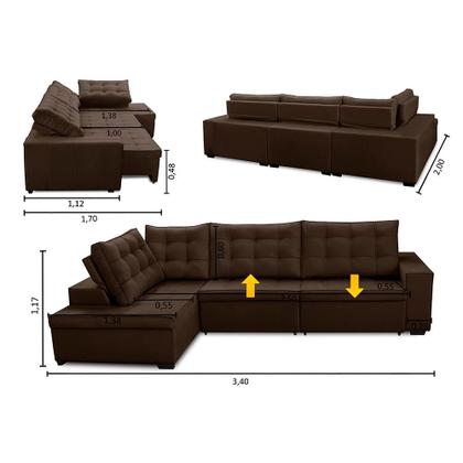 Sofá de Canto Retrátil e Reclinável com Molas 3,40x2,00 LE Jacke Suede Marrom Madelina Decor Imagem de Sofá de Canto Retrátil e Reclinável com Molas 3,40x2,00 LE Jacke Suede Marrom Madelina Decor