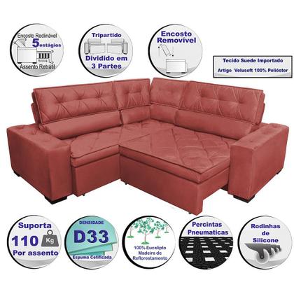 Imagem de Sofa de Canto Retrátil e Reclinável com Molas Cama inBox Austin 2,50m x 2,50m Velusoft Vermelho