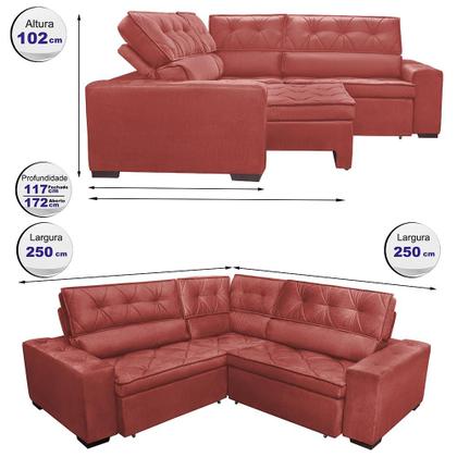 Imagem de Sofa de Canto Retrátil e Reclinável com Molas Cama inBox Austin 2,50m x 2,50m Velusoft Vermelho