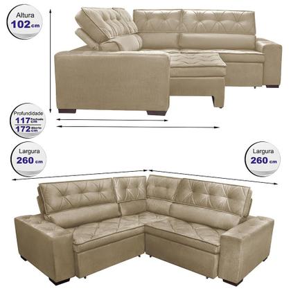 Imagem de Sofa de Canto Retrátil e Reclinável com Molas Cama inBox Austin 2,60m x 2,60m Suede Velusoft Castor