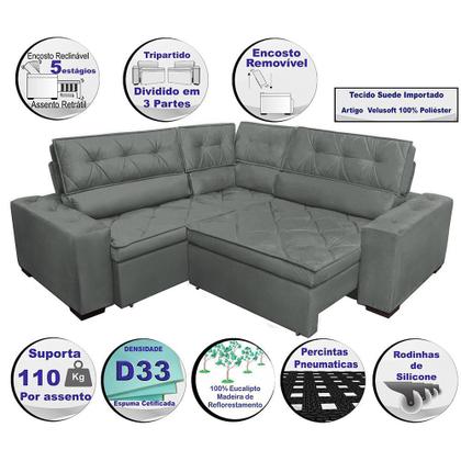 Imagem de Sofa de Canto Retrátil e Reclinável com Molas Cama inBox Austin 2,60m x 2,60m Suede Velusoft Cinza