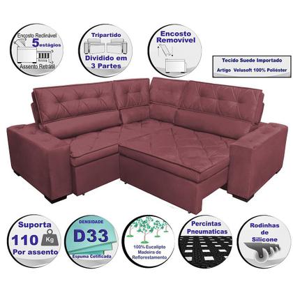 Imagem de Sofa de Canto Retrátil e Reclinável com Molas Cama inBox Austin 2,60m x 2,60m Suede Velusoft Vinho