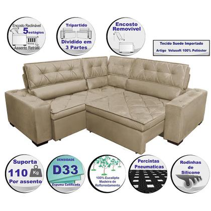 Imagem de Sofa de Canto Retrátil e Reclinável com Molas Cama inBox Austin 2,70m x 2,70m Suede Velusoft Castor
