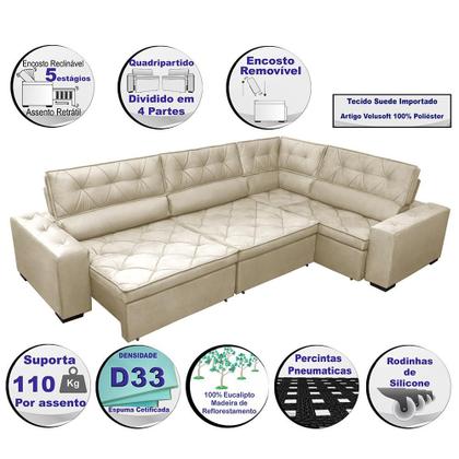 Imagem de Sofa de Canto Retrátil e Reclinável com Molas Cama inBox Austin 3,65X2,54 ou 2,54X3,65 Velusoft Bege