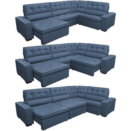 Imagem de Sofa de Canto Retrátil e Reclinável com Molas Cama inBox Austin 3,85X2,64 ou 2,64X3,85 Velusoft Azul