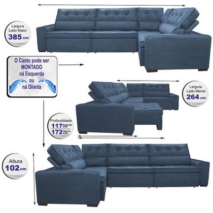 Imagem de Sofa de Canto Retrátil e Reclinável com Molas Cama inBox Austin 3,85X2,64 ou 2,64X3,85 Velusoft Azul