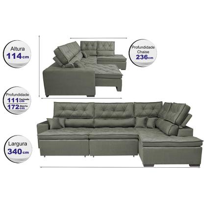 Imagem de Sofá de Canto Retrátil e Reclinável com Molas Cama inBox Platinum 3,40x2,36 Tecido Suede Cinza