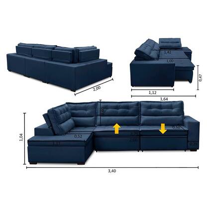 Imagem de Sofá de Canto Retrátil e Reclinável com Molas LE 3,40x2,00m Viviane Suede Azul Madelina Decor
