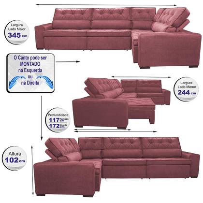 Imagem de Sofa de Canto Retrátil e Reclinável de Molas Cama inBox Austin 3,45X2,44 ou 2,44X3,45 Velusoft Vinho