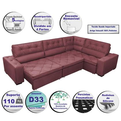 Imagem de Sofa de Canto Retrátil e Reclinável de Molas Cama inBox Austin 3,85X2,64 ou 2,64X3,85 Velusoft Vinho