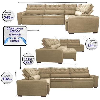 Imagem de Sofa de Canto Retrátil Reclinável de Molas Cama inBox Austin 3,45X2,44 ou 2,44X3,45 Velusoft Castor