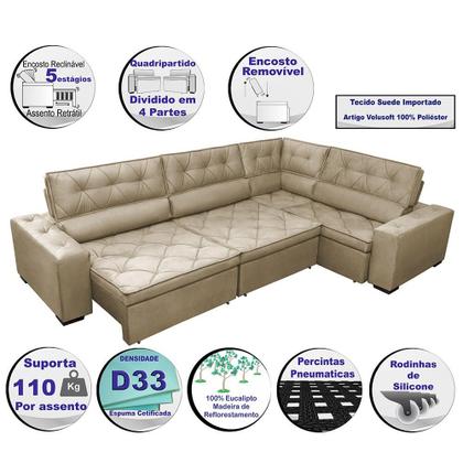 Imagem de Sofa de Canto Retrátil Reclinável de Molas Cama inBox Austin 3,85X2,64 ou 2,64X3,85 Velusoft Castor