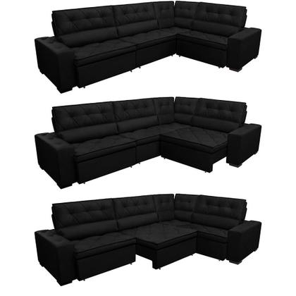 Imagem de Sofá de Canto Retrátil, Reclinável, Molas Cama inBox Austin 3,65X2,54 ou 2,54X3,65 Suede Preto