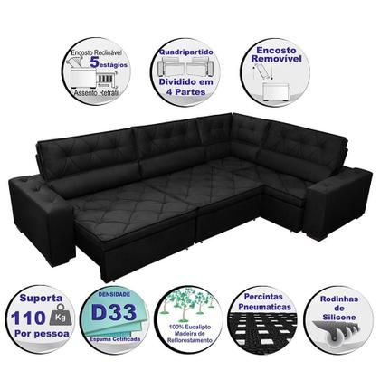 Imagem de Sofá de Canto Retrátil, Reclinável, Molas Cama inBox Austin 3,65X2,54 ou 2,54X3,65 Suede Preto