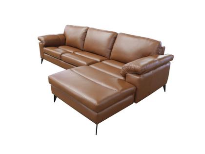 Imagem de Sofá de Couro Asti 3 lugares com Chaise Direita Conhaque com Brilho  Mempra Design