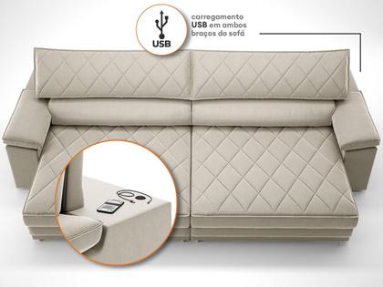 Imagem de Sofá de Duplo Molejo com Carregador USB, Retrátil e Reclinável Valencia 2,90m Veludocristal Areia- NETSOFAS