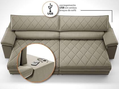 Imagem de Sofá de Duplo Molejo com Carregador USB, Retrátil e Reclinável Viena 2,90m Veludocristal Fendi- NETSOFAS