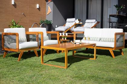 Imagem de Sofá de Madeira 2 Lugares Corda Naval + 2 Poltronas Caribe + Mesa Cooler e Lareira