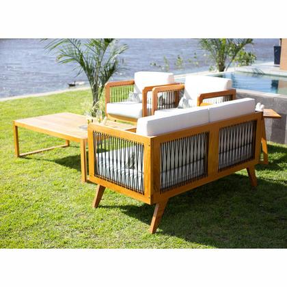 Imagem de Sofá de Madeira 2 Lugares Corda Naval + 2 Poltronas Caribe + Mesa Cooler e Lareira