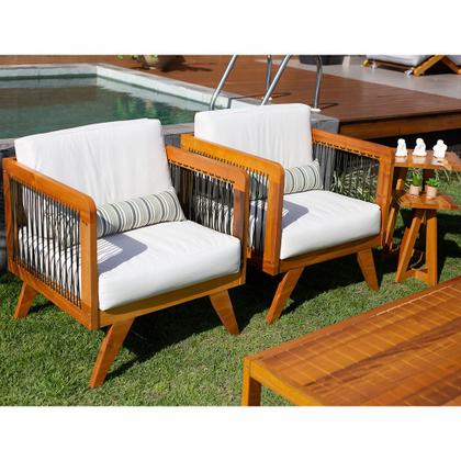 Imagem de Sofá de Madeira 2 Lugares Corda Naval + 2 Poltronas Caribe + Mesa Cooler e Lareira