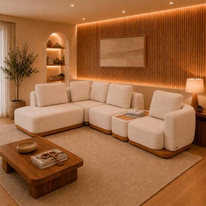 Imagem de Sofá Espanhol 7 Lugares Modulado de Canto 245cm x 382cm material sintético Caramelo Bouclé Off White - Sallar Home