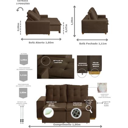 Imagem de Sofá Goiás Modular 3 Lugares 1.90 MT com Molas Bonnel Retrátil e Reclinável Veludo Nobre Sofatec