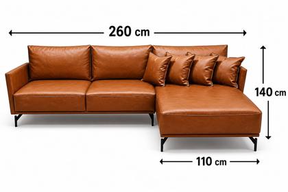 Imagem de Sofá Ibiza Modular 2.60m com Chaise couro Caramelo e pé de Ferro