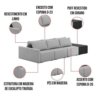 Imagem de Sofá Ilha 3 Lugares Living 342cm Modulado Lary Linho Cinza Pu Pto K01 - D'rossi