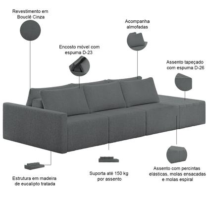 Imagem de Sofá Ilha Modular Para Sala 312cm com Puff Dublin K01 Bouclê Cinza - Lyam Decor