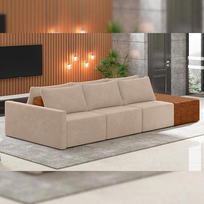 Imagem de Sofá Ilha Modular Para Sala 312cm com Puff Dublin K01 Veludo Bege Sintético Caramelo - Lyam Decor