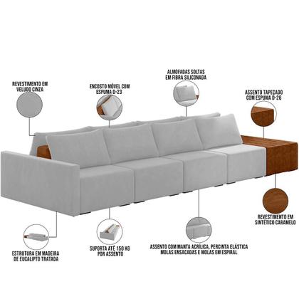 Imagem de Sofá Ilha Modular Para Sala 432cm com Puff Dublin K01 Veludo Cinza Sintético Caramelo - Lyam Decor