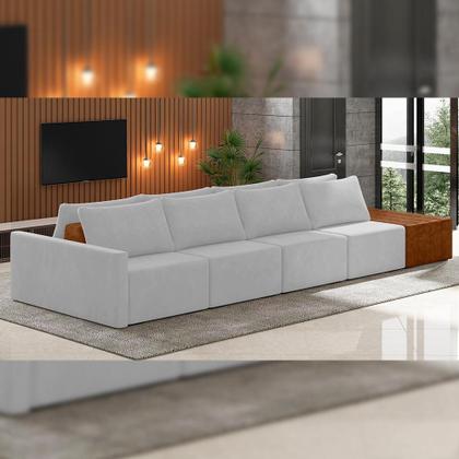 Imagem de Sofá Ilha Modular Para Sala 432cm com Puff Dublin K01 Veludo Cinza Sintético Caramelo - Lyam Decor