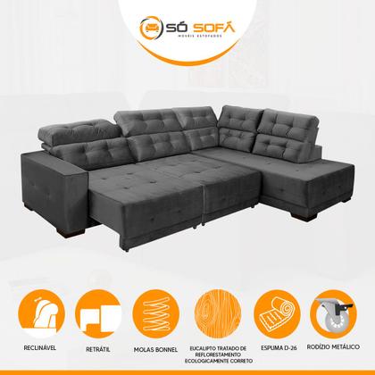 Imagem de Sofá Impermeável Canto Chaise D 285 x 205 cm Retrátil Reclinável Sttilo Suede Cinza - SóSofa