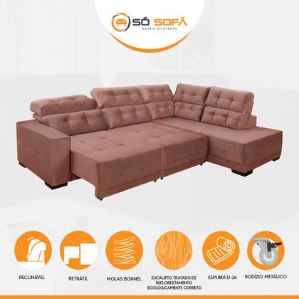 Imagem de Sofá Impermeável Canto Chaise D 285 x 205 cm Retrátil Reclinável Sttilo Suede Rosê - SóSofa