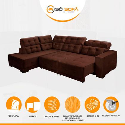 Imagem de Sofá Impermeável Canto Chaise E 285 x 205 cm Retrátil Reclinável Sttilo Suede Marrom - SóSofa