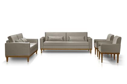 Imagem de Sofá Living 3 e 2 Lugares Valência - 2,20/1,58mts + 02 Poltronas C/ Base Madeira de Reflorestamento - material sintético Bege 