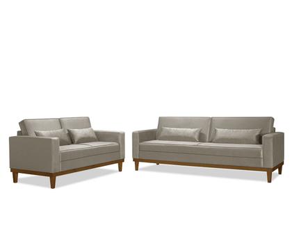 Sofá Living 3 e 2 Lugares Valência - 2,20/1,58mts + 02 Poltronas C/ Base Madeira de Reflorestamento - material sintético Bege - Estofados Perola Imagem de Sofá Living 3 e 2 Lugares Valência - 2,20/1,58mts + 02 Poltronas C/ Base Madeira de Reflorestamento - material sintético Bege