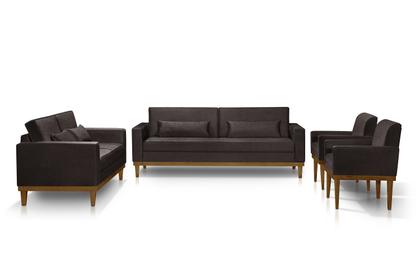 Imagem de Sofá Living 3 e 2 Lugares Valência - 2,20/1,58mts + 02 Poltronas C/ Base Madeira de Reflorestamento - material sintético Marrom
