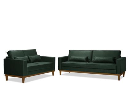 Sofá Living 3 e 2 Lugares Valência - 2,20/1,58mts + 02 Poltronas C/ Base Madeira de Reflorestamento - Veludo Verde - Estofados Perola Imagem de Sofá Living 3 e 2 Lugares Valência - 2,20/1,58mts + 02 Poltronas C/ Base Madeira de Reflorestamento - Veludo Verde