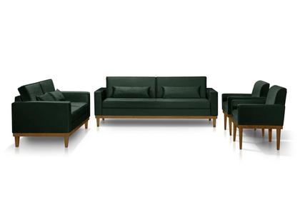Sofá Living 3 e 2 Lugares Valência - 2,20/1,58mts + 02 Poltronas C/ Base Madeira de Reflorestamento - Veludo Verde - Estofados Perola Imagem de Sofá Living 3 e 2 Lugares Valência - 2,20/1,58mts + 02 Poltronas C/ Base Madeira de Reflorestamento - Veludo Verde