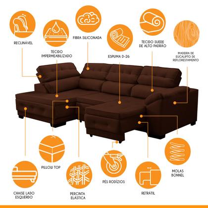 Imagem de Sofá Marrom 5 Lugares Canto Chaise Impermeabilizado 250 Cm Retrátil Reclinável Luiza Suede - SóSofá