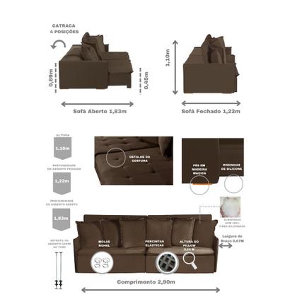 Imagem de Sofá Modular 5 Lugares Olinda 2.90 MT com Molas Retrátil e Reclinável Veludo Nobre Sofatec