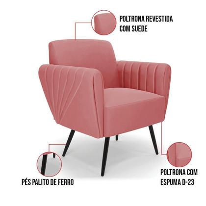 Imagem de Sofá Namoradeira Com 2 Poltronas Pés Palito De Ferro Bruna Suede - D'rossi Cor Rose