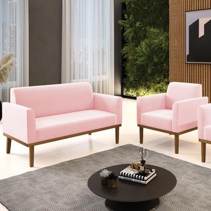 Imagem de Sofá Namoradeira e 1 Poltrona Base Madeira Castanho Maressa Suede Rosa Bebê - Ibiza