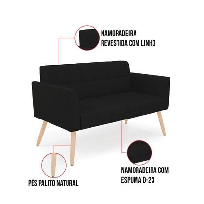 Imagem de Sofá Namoradeira Elisa Linho Preto A79 Pés Palito Natural - D'rossi