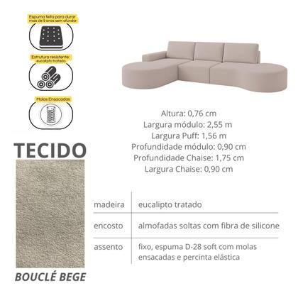 Imagem de Sofá Orgânico com Puff e Chaise 03 Lugares Molas Ensacadas no Assento Tecido Bouclé Gelo 3,15M