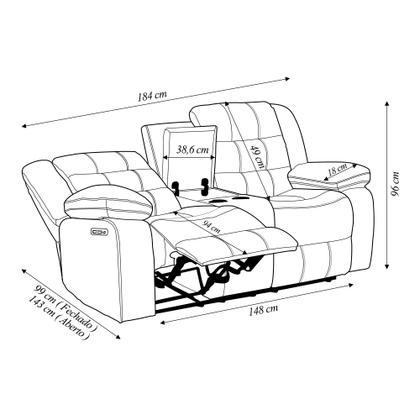 Imagem de Sofá Reclinável Elétrica Sala de Cinema Hollywood 2 Lugares com Massagem Aquecimento Baú Entrada USB/USB-C PU Preto G94 - Gran Belo