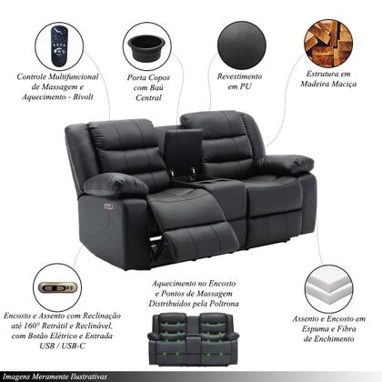 Imagem de Sofá Reclinável Elétrica Sala de Cinema Hollywood 2 Lugares com Massagem Aquecimento Baú Entrada USB/USB-C PU Preto G94 - Gran Belo